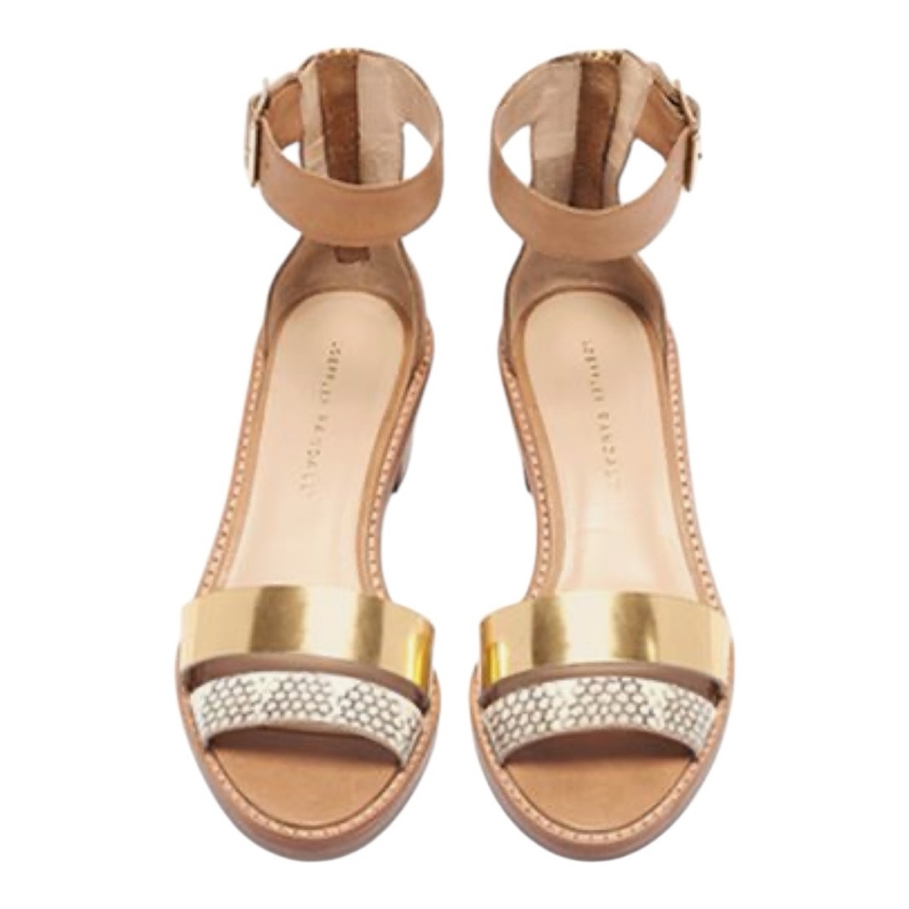 Loeffler Randall low stacked block heel open toe tan leather sandal | 10